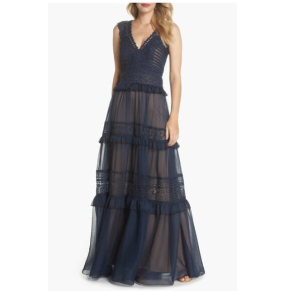 Tadashi Shoji *NEW* Navy Tiered Lace & Chiffon Gown - Picture 1 of 16